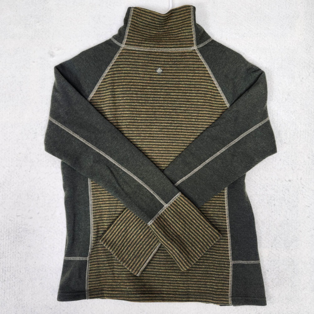 prAna Wool Blend Cowl Neck Sweater Olive Green Striped Asymmetric Womens XL - Picture 10 of 10